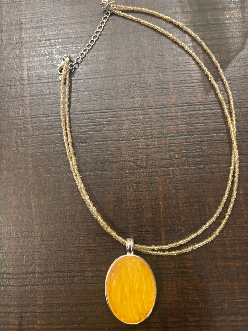Vintage Kenneth Cole Yellow Seed Bead Oval Pendant Necklace KC Mark